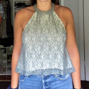 grey lace high neck blouse with bow in back